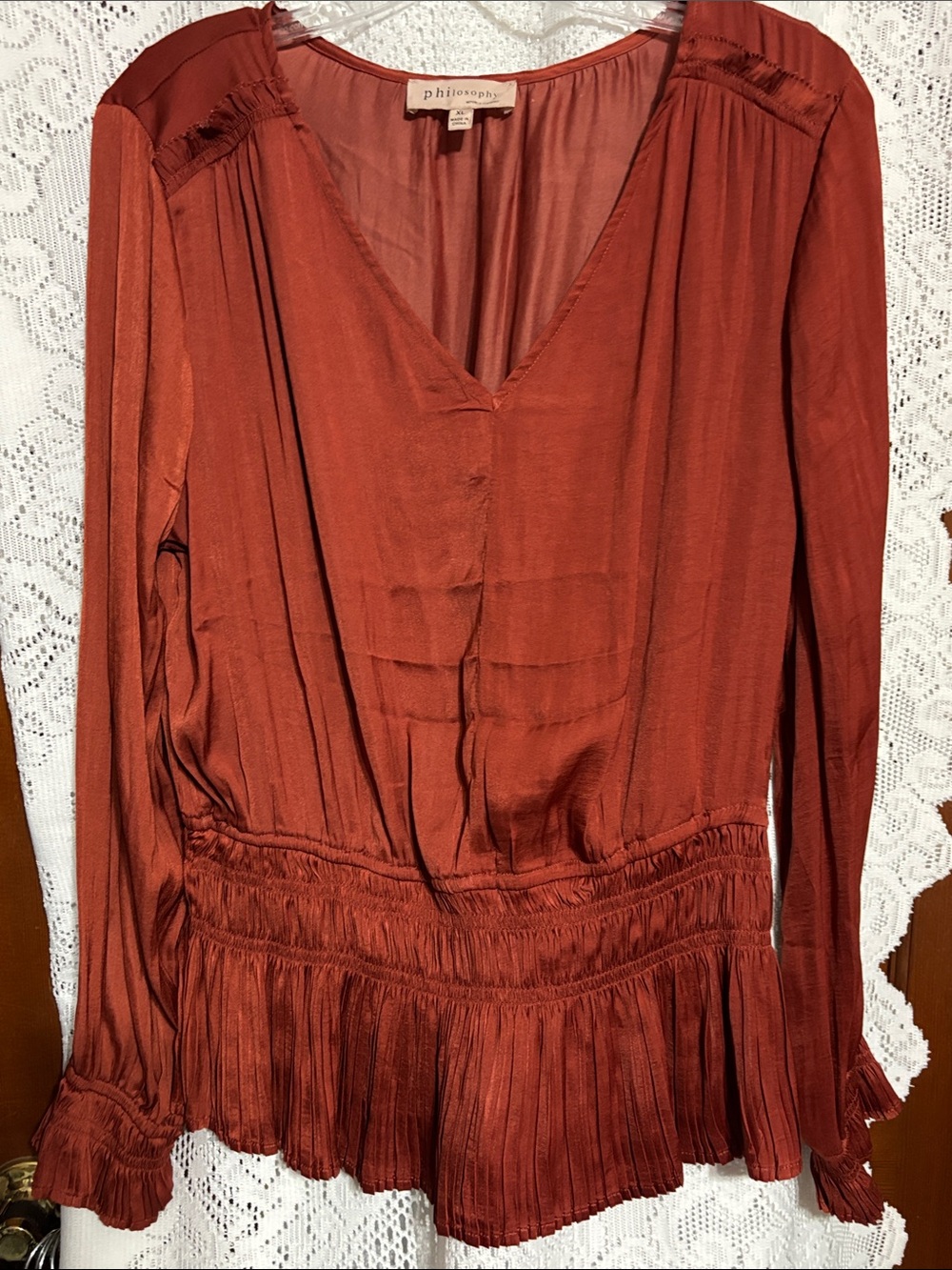Philosophy Burnt Orange Long-Sleeve V-Neck Pleated Ruched Waist Peplum Sz XL